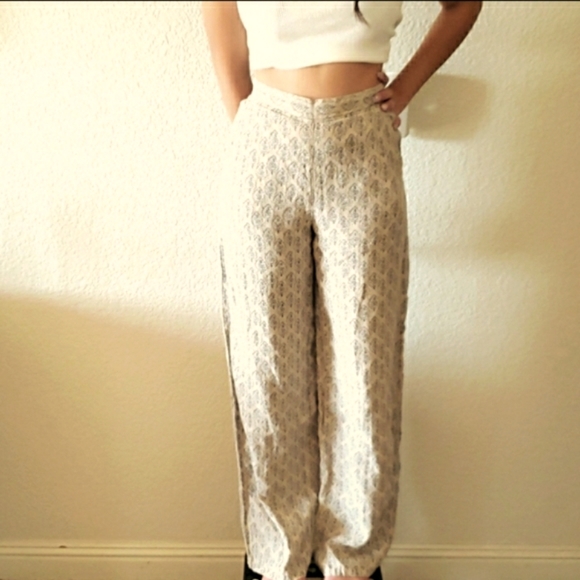 Orvis Pants - Orvis 100% Linen Wide Leg Athleisure Pant Cream Botanical Print Elastic Waist